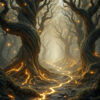 The primary subject of the image is a tree with a glowing, illuminated trunk. The tree is located in a forest, surrounded by other trees. The setting appears to be a dark, enchanted forest with a magical atmosphere. The visual style of the image is a digital art or illustration, featuring a glowing tree and a pathway through the forest. The colors and mood of the image are predominantly dark and mysterious, with the glowing tree standing out as the focal point